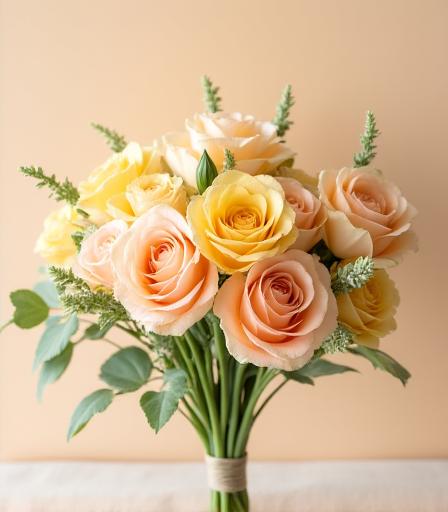 A beautiful bouquet with peach and cream flowers.