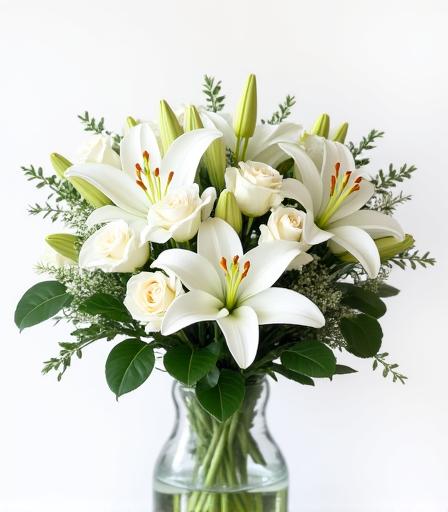 An elegant all-white bouquet for sympathy.