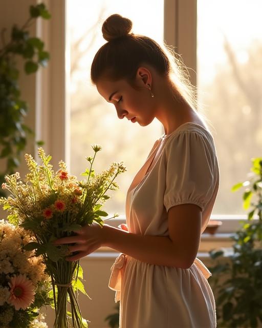 The founder of Windswept Bloom arranging a bouquet in the sunlit Kohimarama studio.
