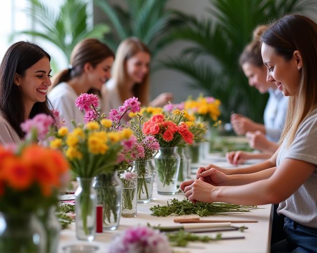 People smiling and arranging flowers during a floral workshop.